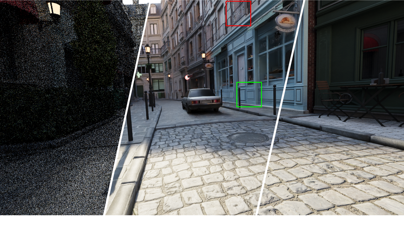 Bistro scene overview with the two comparison crop locations marked